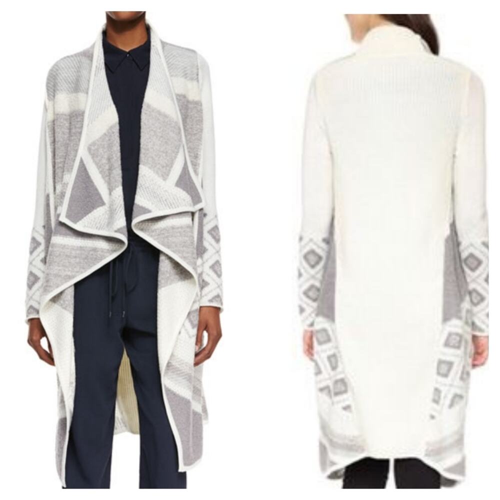 Vince Cream and Light Gray Draped Open-Front Cardigan